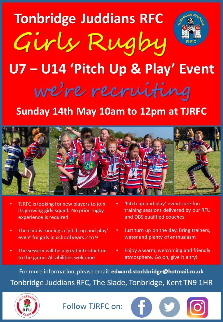 TJRFC's tweet photo. We are looking for new players to join our growing girls squad! 🏉 

No prior rugby experience is required, just pitch up and play on Sunday the 14th of May 10am-12pm

Open to girls in school years 2-9 https://t.co/oXjeqIQHbB