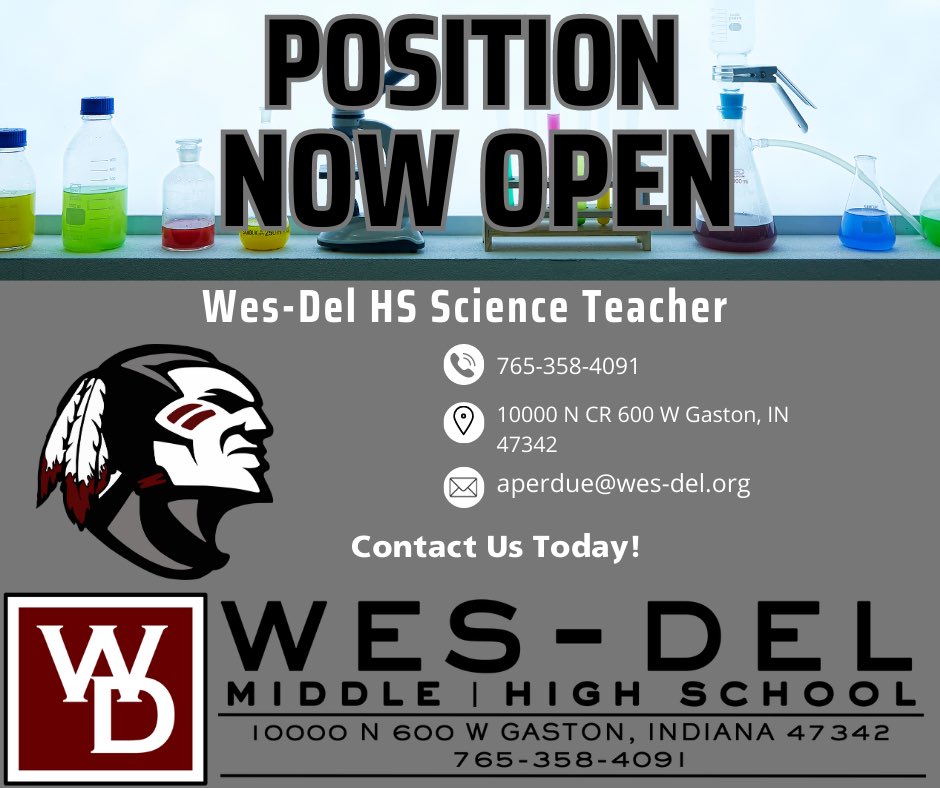 Come join the Warrior Staff Family! We are expanding our course offerings in our Science department and want to make an addition to the team! See below how to connect! Help us share! #WDpride @WesDelSchools @WesDelGuidance @WD_Athletics @HS_AP_Warriors