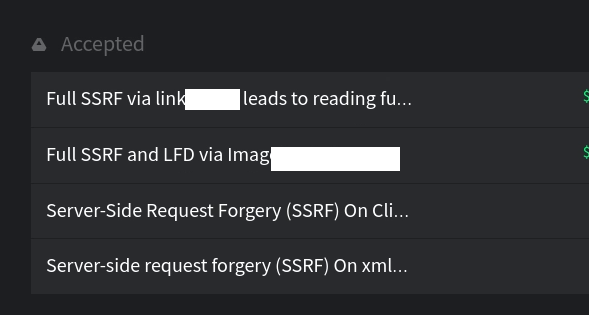 Last week, I have reported 4 SSRF 
just by reading JavaScript files !  and straightforward  exploitation !.
2 Full with metadata access
2 blind with portscan &amp; GET request
#BugBounty <a href="/SynackRedTeam/">Synack Red Team</a>