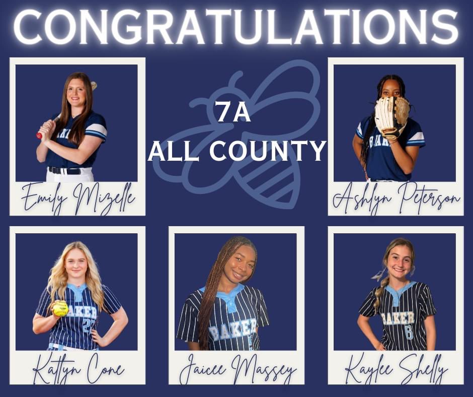GOOD MORNING HONEYBEE FANS! 🐝💙🥎

📣 JOIN US as we CONGRATULATE the following BAKER HONEYBEES for being selected as 7A All-County Players

🐝Emily Mizelle
🐝Ashlyn Peterson 
🐝Kaylee Shelly
🐝Jaicee Massey
🐝Katlyn Cone

#itsagreatdaytobeahoneybee