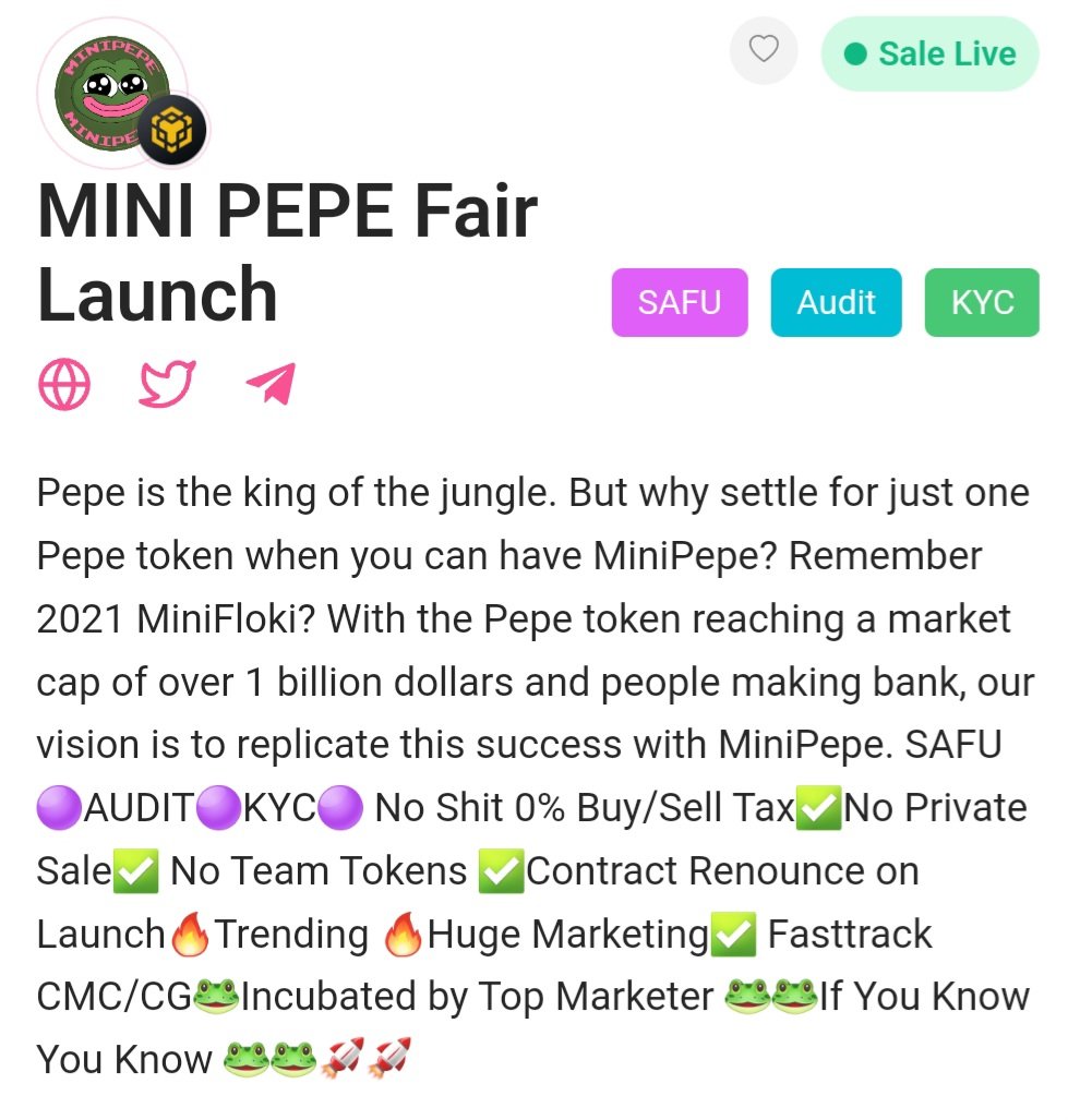 revolut20's tweet photo. I'll ape in this one! Looking very good 🔥🔥

You can participate here:
https://t.co/yTnJeInooy

Smells like another good ROI here! 

#GEM #MiniPepe #Meme #Crypto https://t.co/Eafuzq2MVT