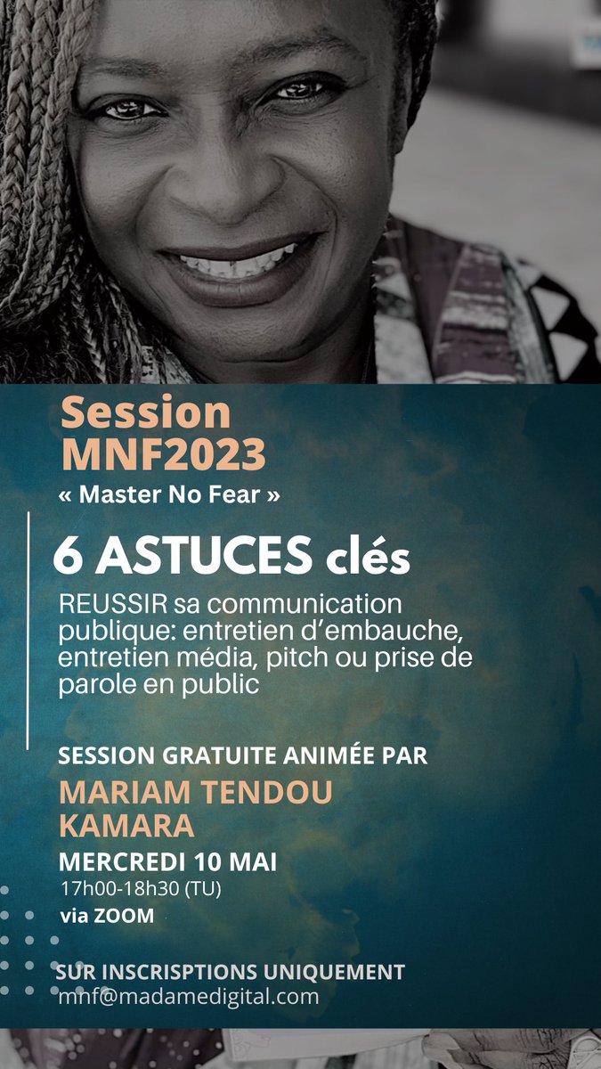 Suite à un nombre de demandes que je reçois et parce que je souhaite également accorder un moment à ces demandes, de femmes en particulier qui font appel à d’autres, je vais tenir une session GRATUITE, du #MNF2023,

C’est pour ce mercredi 10 MAI, 17h-18h30 (TU) sur « RÉUSSIR sa
