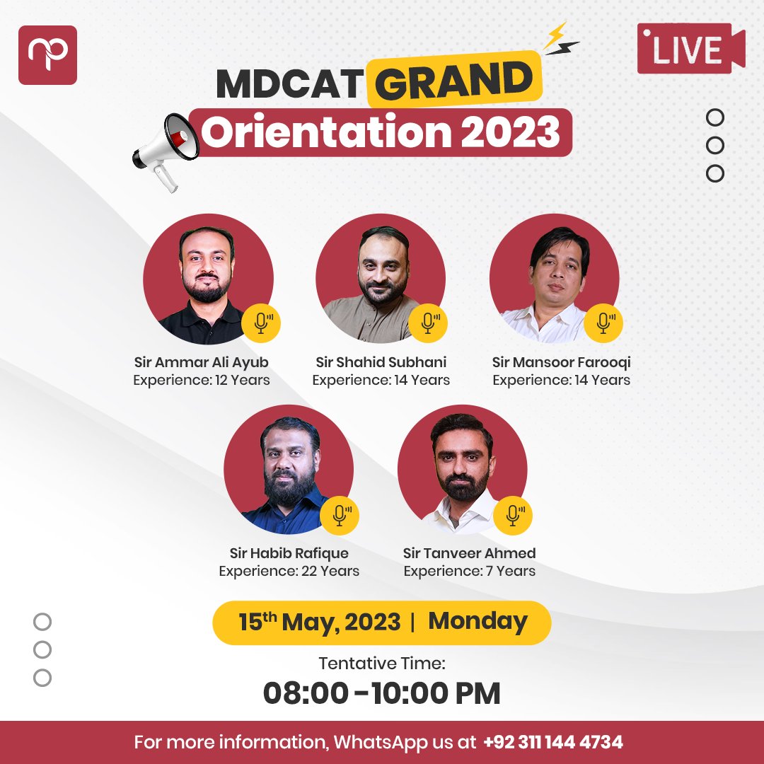 🎉 Attention all future doctors! 🎓👨‍⚕️👩‍⚕️ Get ready for the MDCAT Grand Orientation 2023, happening on May 15th from 8-10pm!
 Join us and our Nearpeer MDCAT Experts for an exciting and informative session that will prepare you for the upcoming exam.