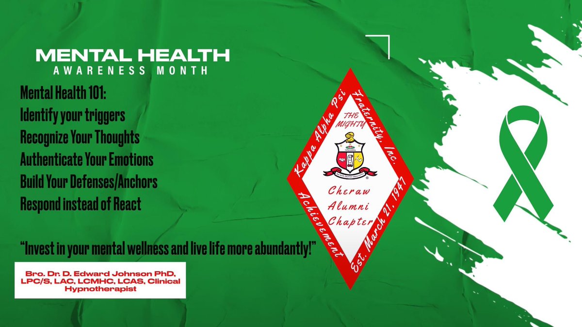 cherawnupes's tweet photo. The month of May, Cheraw Alumni Chapter of Kappa Alpha Psi Fraternity, Inc. joins the national movement to raise awareness about mental health.  Together, we fight stigma, provide support, educate the public and advocate for policies that support the millions of people in the U.S https://t.co/BT8XMQeWrw