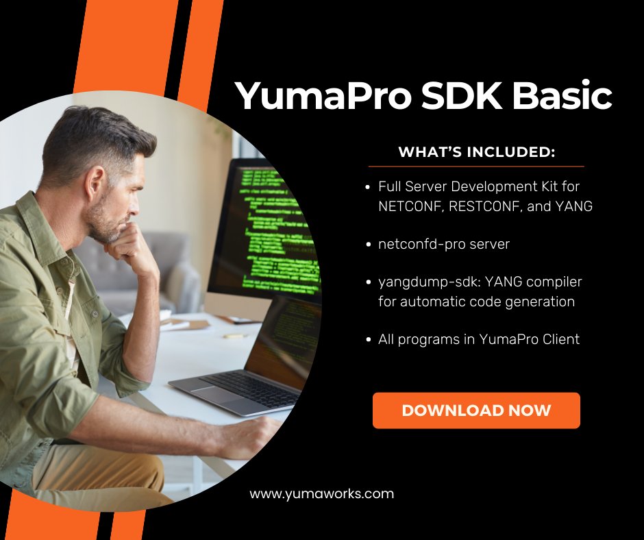 YumaWorks's tweet photo. Make the smart choice today and get started on your next network automation project. Download YumaPro SDK Basic for free: https://t.co/8DwiszTsqw
#YumaWorks #NETCONF #NetworkAutomation https://t.co/f0YOSqmym3