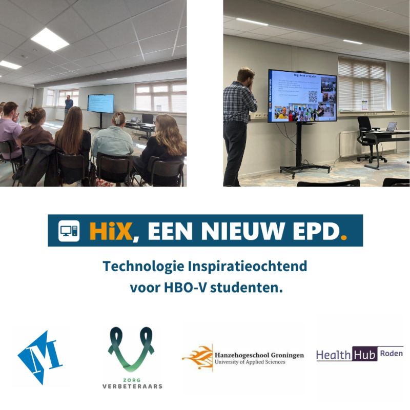 Healthhub_Roden's tweet photo. Binnen Health Hub Roden organiseren we deze week een aantal technologische inspiratiesessies voor HBO-V studenten. Onder begeleiding van @zorgverbeteraars is er aandacht voor HIX, een nieuw EPD. #ChipSoft  #HiX #zorgverbeteraars #EPD https://t.co/K7sYk3Sogr