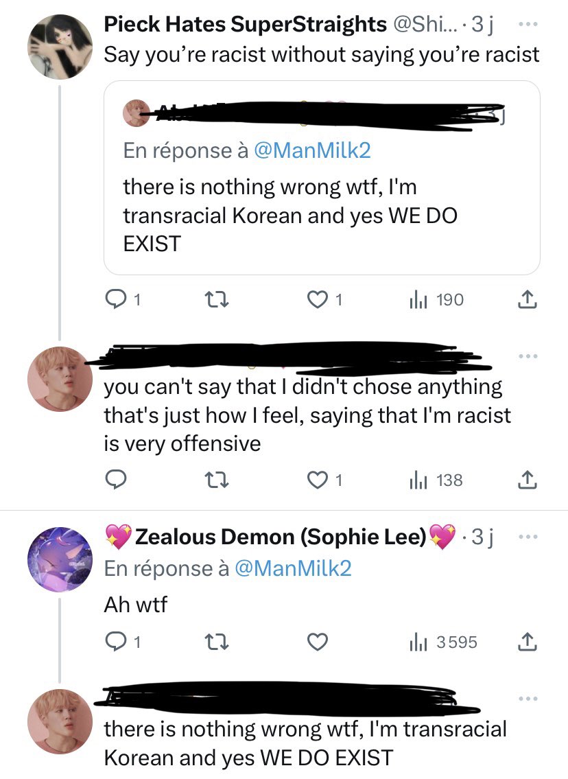 En 2023 : des enfants se font tirés dessus à l’école, la Terre prend feu, les gens meurent de faim et en France on a des gens qui se revendiquent transracial 
Être transracial ça n’existe pas
La transidentité je comprends mais ça c’est de l’irrespect