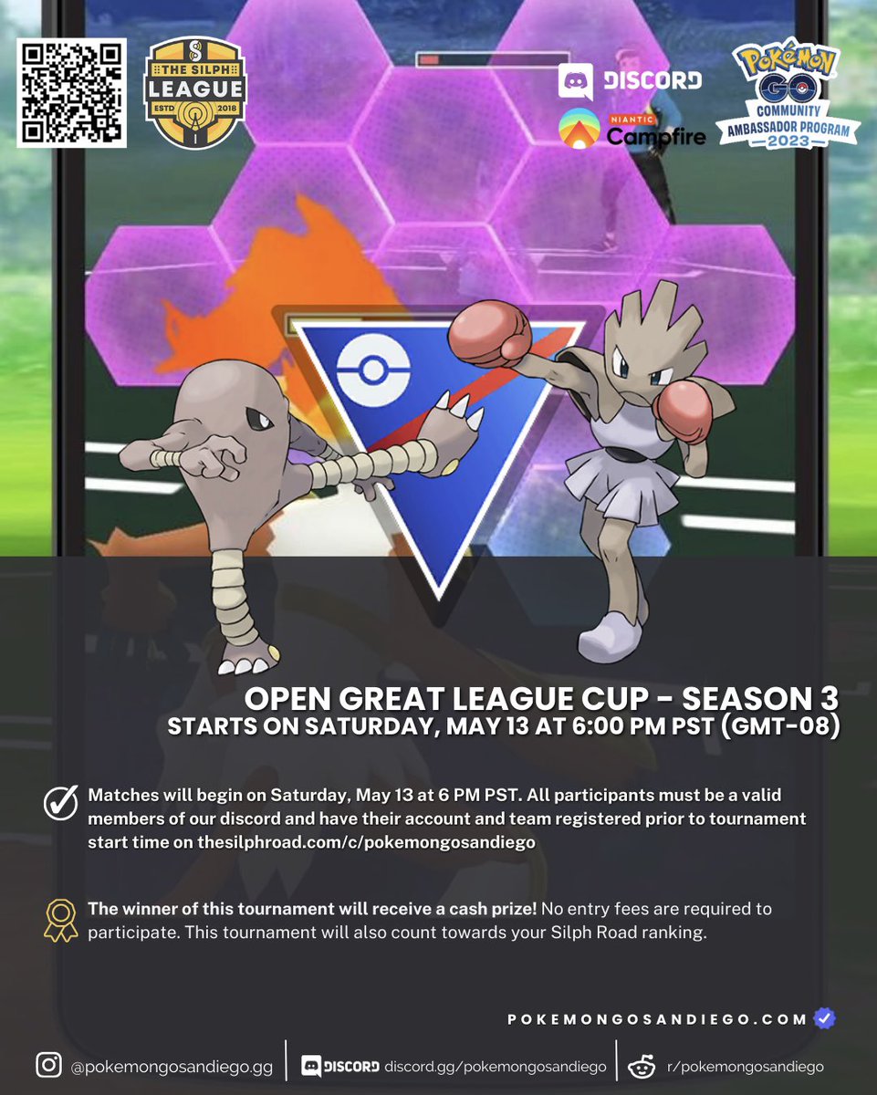 pkmongosandiego's tweet photo. Are you ready to show off your skills in the Open Great League Cup Season 3? 

https://t.co/GPuPTEbAAo 👈🏻🏆

#pvp #gobattleleague #gbl #pokemon #pokemongo #pogo #sandiego #tournament #silphroad #prize #giveaways #events #discord https://t.co/GPDSgyomuE