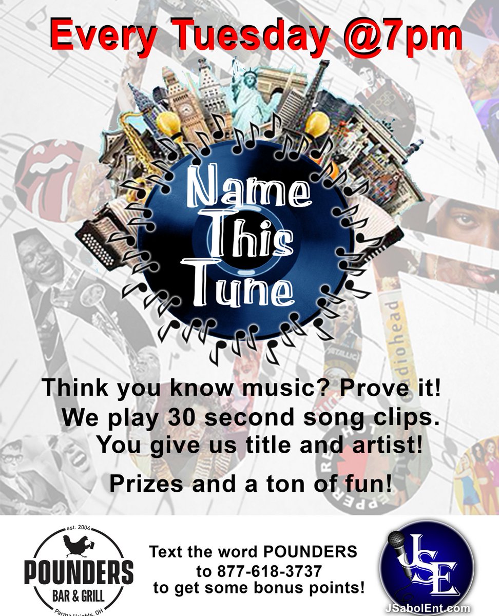 JSabolEnt's tweet photo. Are you a music aficionado? 🎵🎶 Prove your prowess at Name This Tune, every Tuesday at 7 pm at Pounders in Parma Hts! 🎤🎧 Relax with friends, indulge in scrumptious food &amp; drinks, and challenge your memory by identifying song titles and artists from our awesome playlist! https://t.co/wO7Rsl6xcL