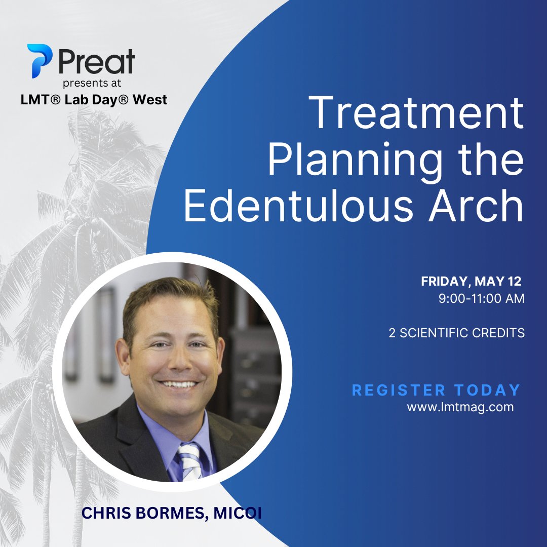 Join us Friday, 5/12 for Chris Bormes' seminar at Lab Day West: a didactic overview of the theory &amp; criteria necessary to decide when to restore the edentulous arch with a fixed detachable, overdenture bar or overdenture stud prosthesis. Register: bit.ly/42msfNe