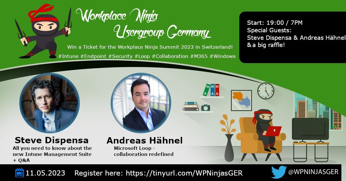 Any plans for thursday evening? If so: I'm sorry but you gotta cancel so you can visit our next Meetup 😬 (via MS Teams)!
Listen to <a href="/dispensa/">Steve Dispensa</a> talking about the new #Intune Management Suite and <a href="/nisnaju/">Andreas</a> speaking about #Microsoft #Loop.
Register here: tinyurl.com/WPNinjasGER