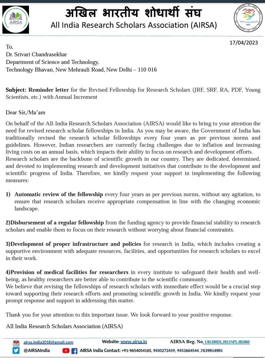 AIRSAIndia's tweet photo. @IndiaDST @DrJitendraSingh @srivaric @guptaakhilesh63 It isn't part of patience,Indian Researchers need good infrastructure for innovations. AIRSA has already mentioned all the points in our request letter, so, it's also very important to discuss all the issues in person in the meeting with scholars @IndiaDST @DanitaYadav @TimesNow https://t.co/OCSjS1YYfW