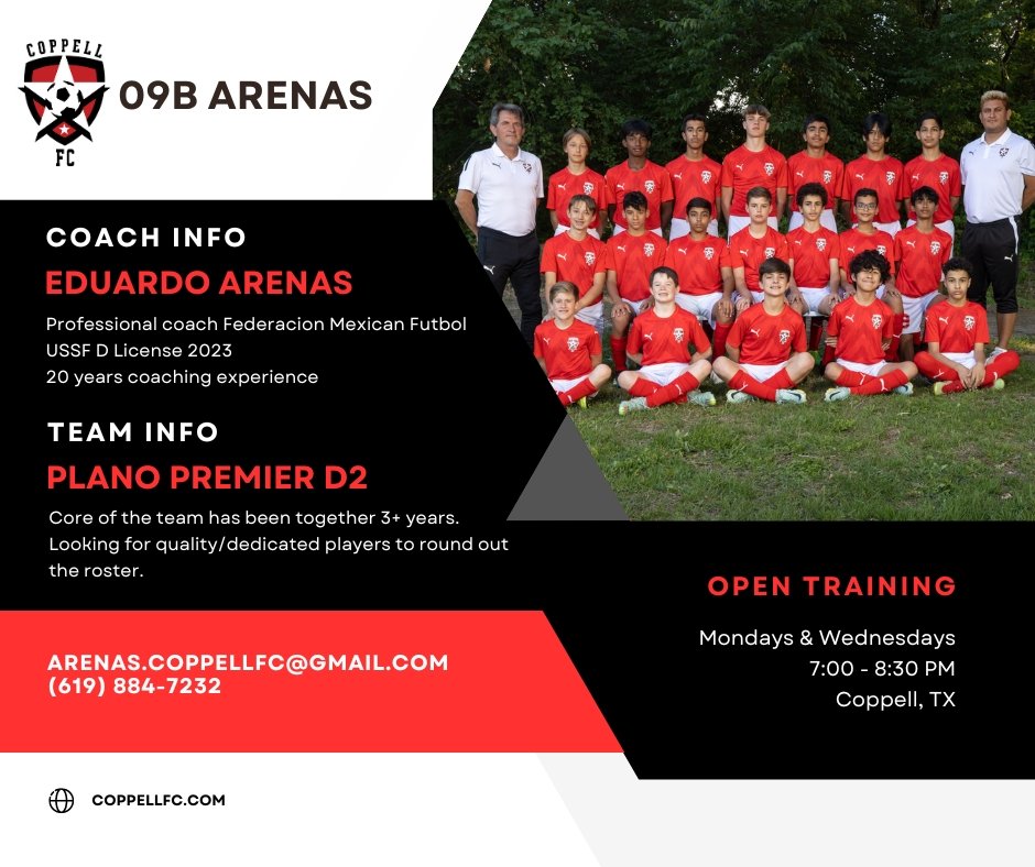 CoppellArenas09's tweet photo. Open practices start next week May 15th, we are looking for GK and committed players to join our team for 23-24 
Register here: https://t.co/9poc5HJT9K 

#CoppellArenas09B  #UnitedWeMoveFoward #OneTeamOneGoal
#CoppellSoccer #CoppellFC #NorthTexasSoccer #socceryouth https://t.co/McXHbjOdBk