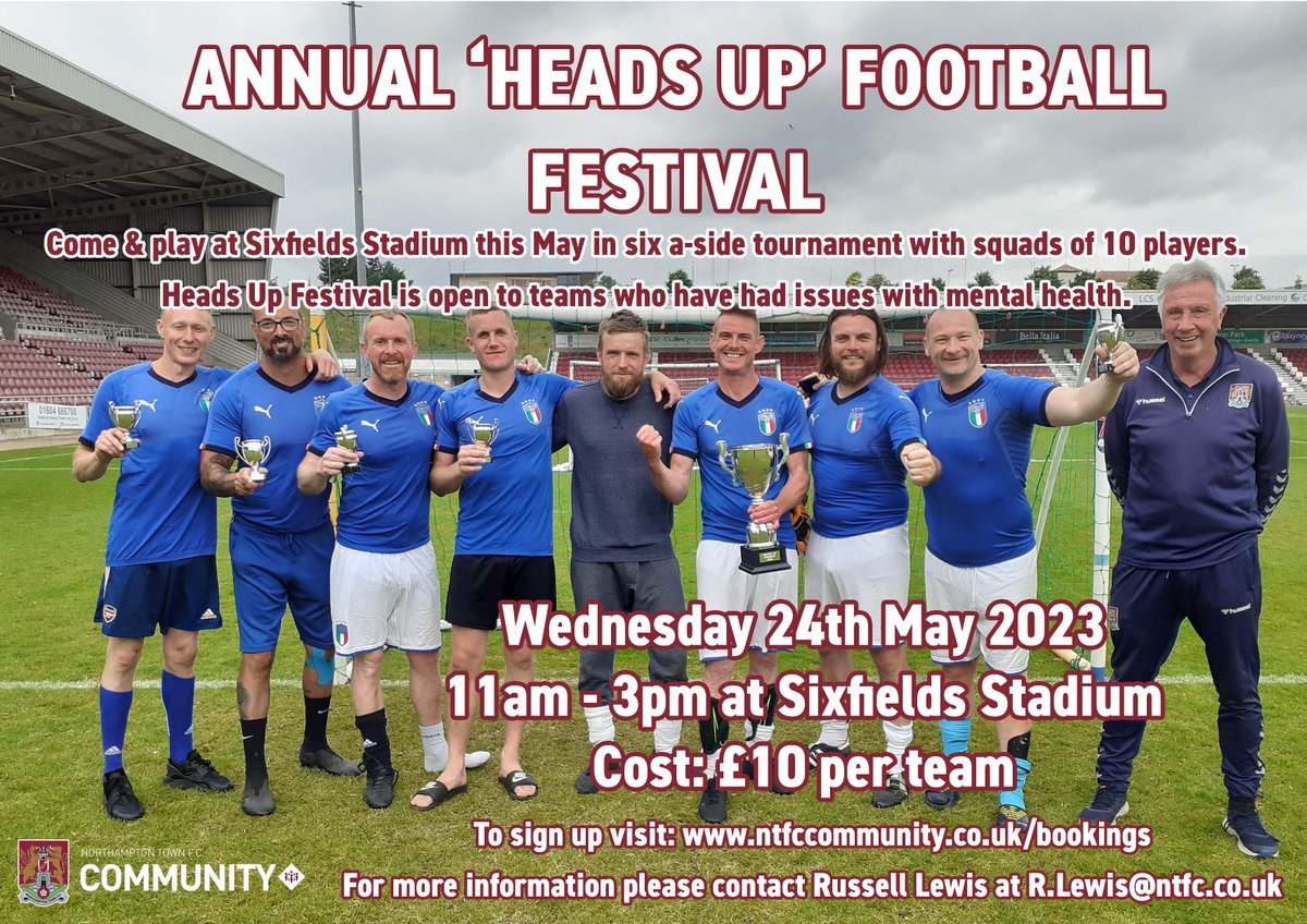 On Wednesday 24th May @NTFC_CT are offering people who have experienced mental health problems an opportunity to play in their Heads Up Festival on the pitch at Sixfields Stadium home of @ntfc! Find out more & sign up for it on their website ntfccommunity.co.uk/tournament-boo… @MindNorthants