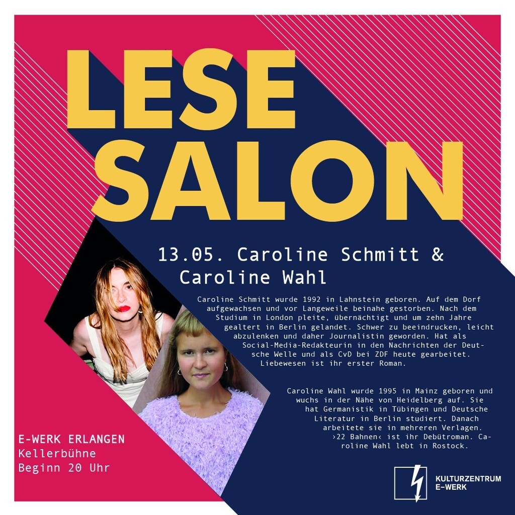 Buch und Gästeliste für Caroline Schmitt &amp; Caroline Wahl

Am Sa., 13.05.23 stellt Caroline Schmitt ihren Roman "Liebewesen" und Caroline Wahl ihren Roman "22 Bahnen" bei uns im LeseSalon vor. Dazu verlosen wir jeweils ein Buch und einen Gästelistenplatz!… instagr.am/p/CsBz9k9oVsj/