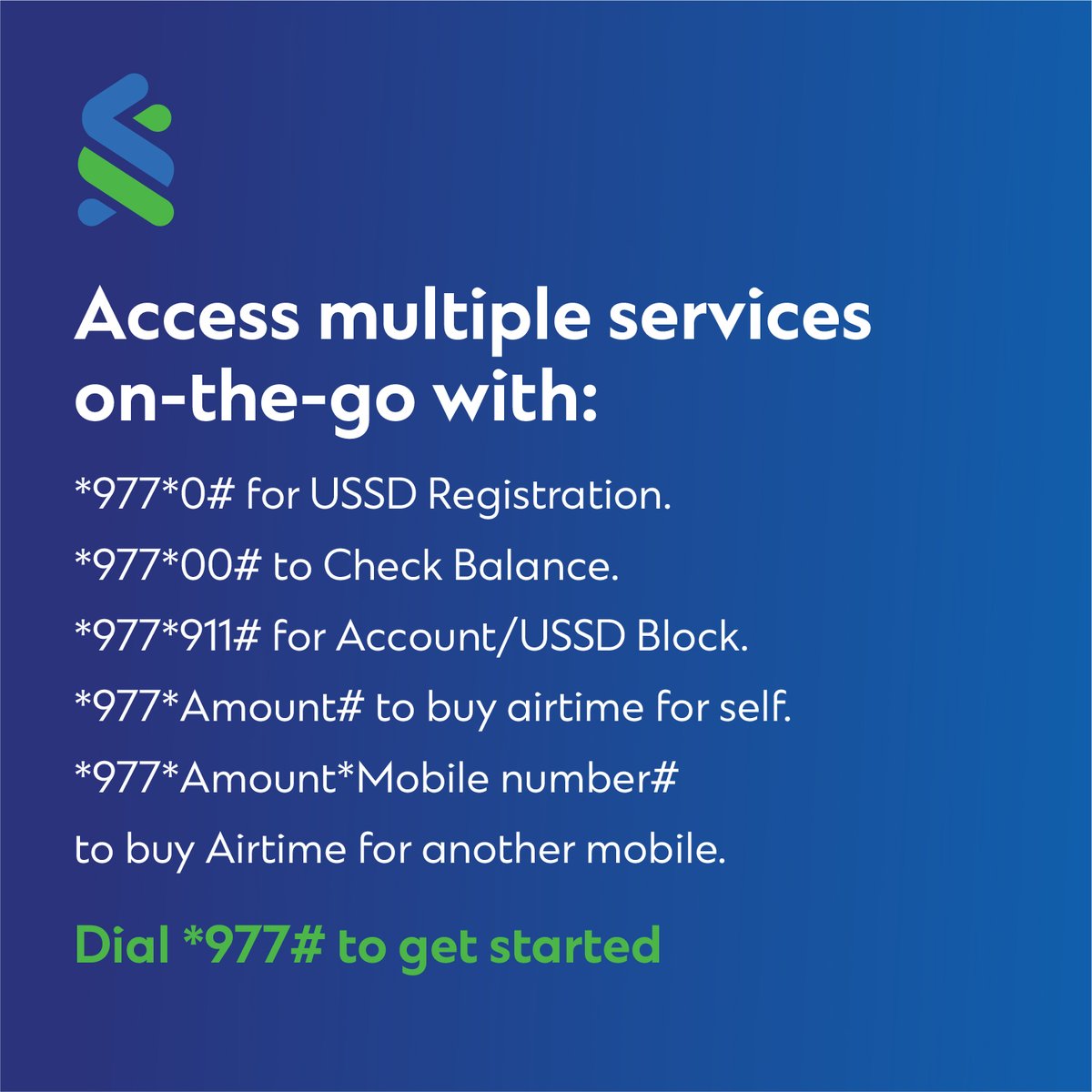 StanChartNG's tweet image. Explore multiple banking services with our USSD code, *977#, allowing you to bank anytime, anywhere with faster, secure transactions, and more convenient payments.

*977# to get started.

#ussdcode #StanchartNG