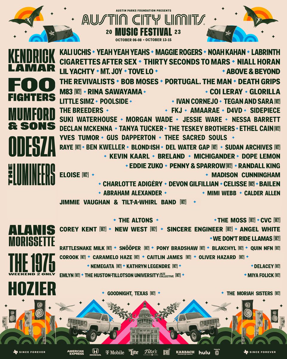 Here are your Weekend 1 &amp; Weekend 2 <a href="/aclfestival/">ACL Festival</a>  lineups. Why ACL still doesn't deliver the lineups this way is beyond me, but I continue to serve. 
Download as a PDF here: bthoma.link/acl-fest-2023-…
#aclfest2023