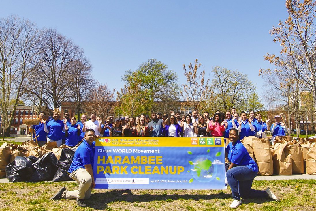 weloveuusa's tweet photo. On Thursday, April 20, 2023, about 40 WeLoveU and First Help Financial volunteers to clean Boston’s Harambee Park. Together the volunteers collected 90 bags of yard waste and trash, weighing a total of 3,730 lbs.! https://t.co/lwuUcjZYVM https://t.co/zDnxEv6li4