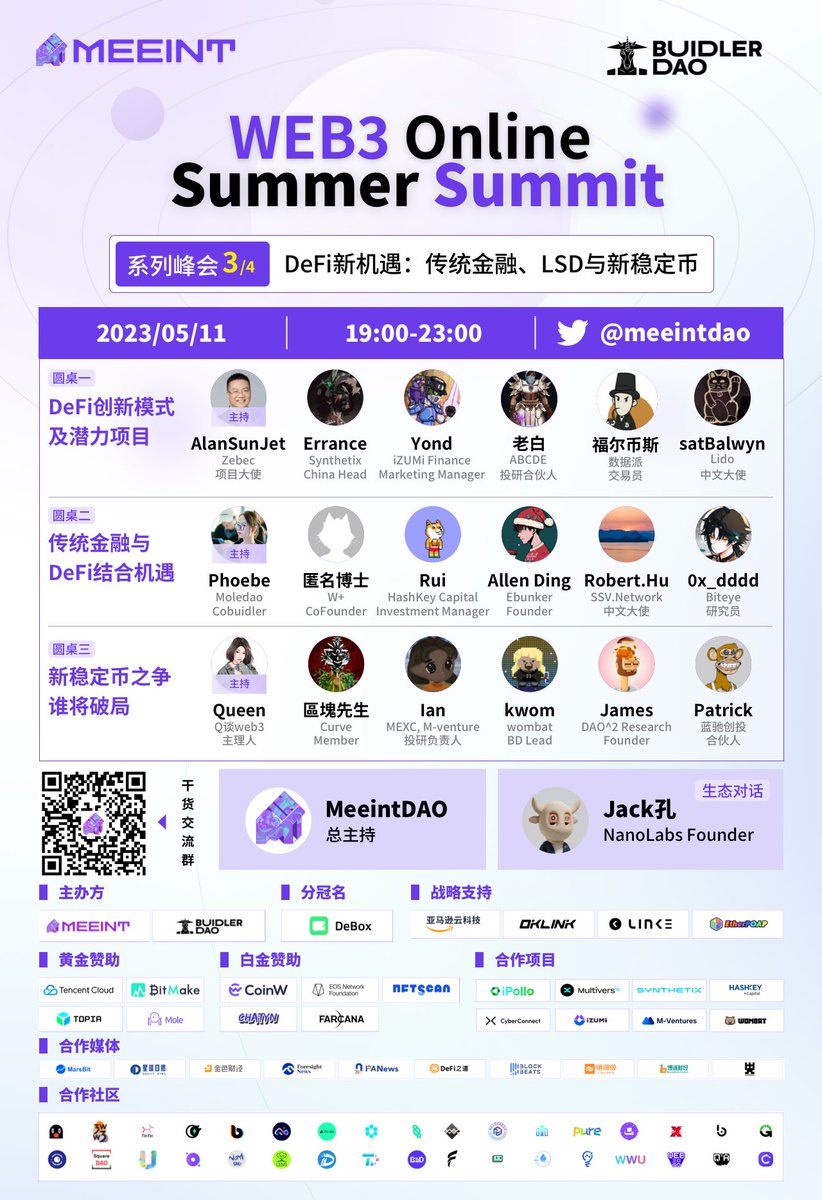 Web3 Online Summer Summit 

👉MeeintDAO x BuidlerDAO 联合发起4场大型线上峰会，横跨 Infra、Metaverse、DeFi 等重要赛道，邀请各投资人、协议到应用层项目方、生态开发者等生态角色代表，共创生态繁荣 

🙋‍♀️主办：<a href="/meeintdao/">Meeint DAO</a> <a href="/BuidlerDAO/">BuidlerDAO</a>

👉第三场Defi专题预约链接：x.com/i/spaces/1lDGL…

🙋