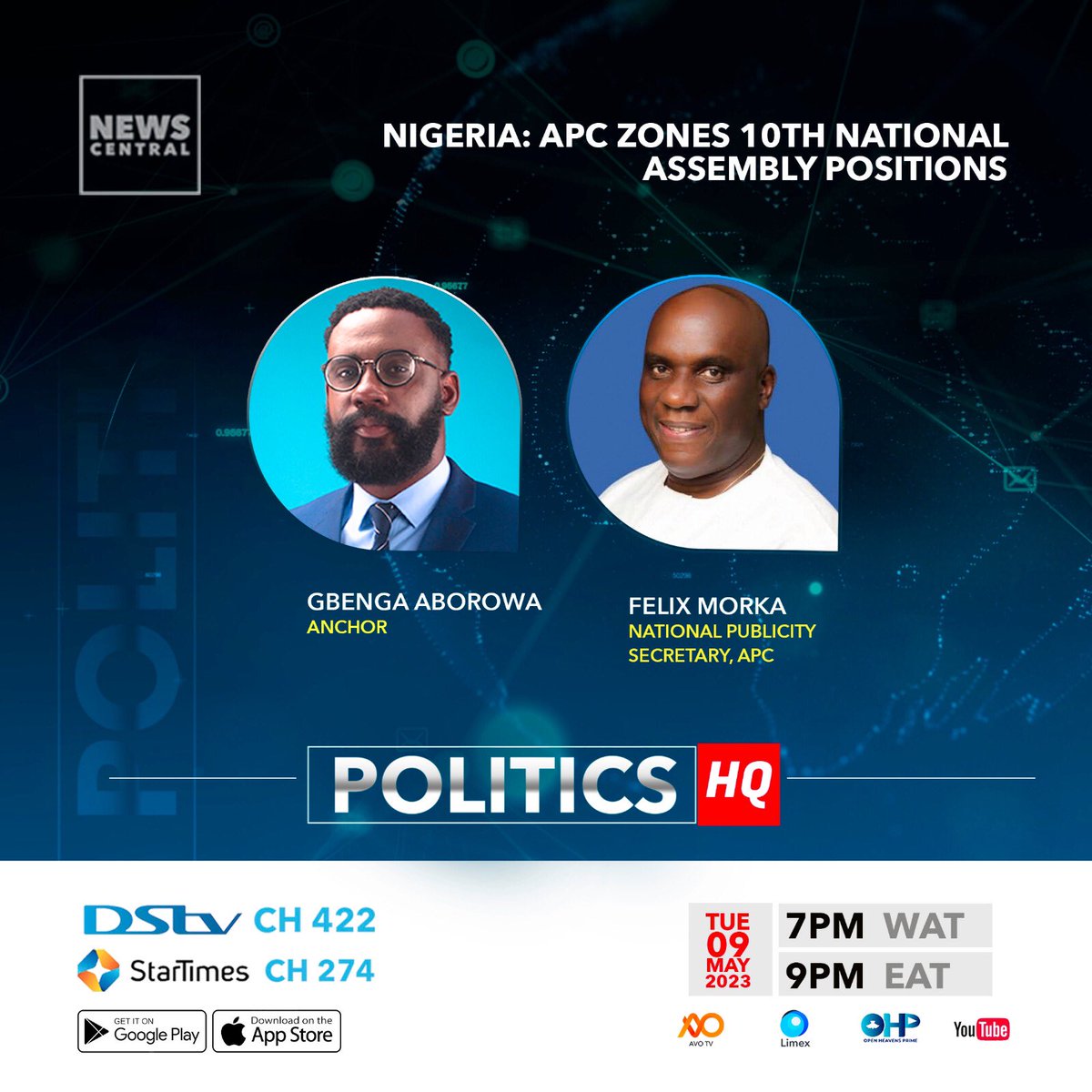 NewsCentralTV's tweet photo. Join the conversation on #PoliticsHq led by @Gbenga_Aborowa at 7pm WAT
📌Supreme Court affirms Adeleke as Governor of Osun state
📌 APC Zones 10th National Assembly positions.
Comment and Retweet 👍🏽
Watch LIVE:
📱: https://t.co/rJcgTPHuWB
#newscentraltv #africa #africafirst https://t.co/nciTNvlmCJ