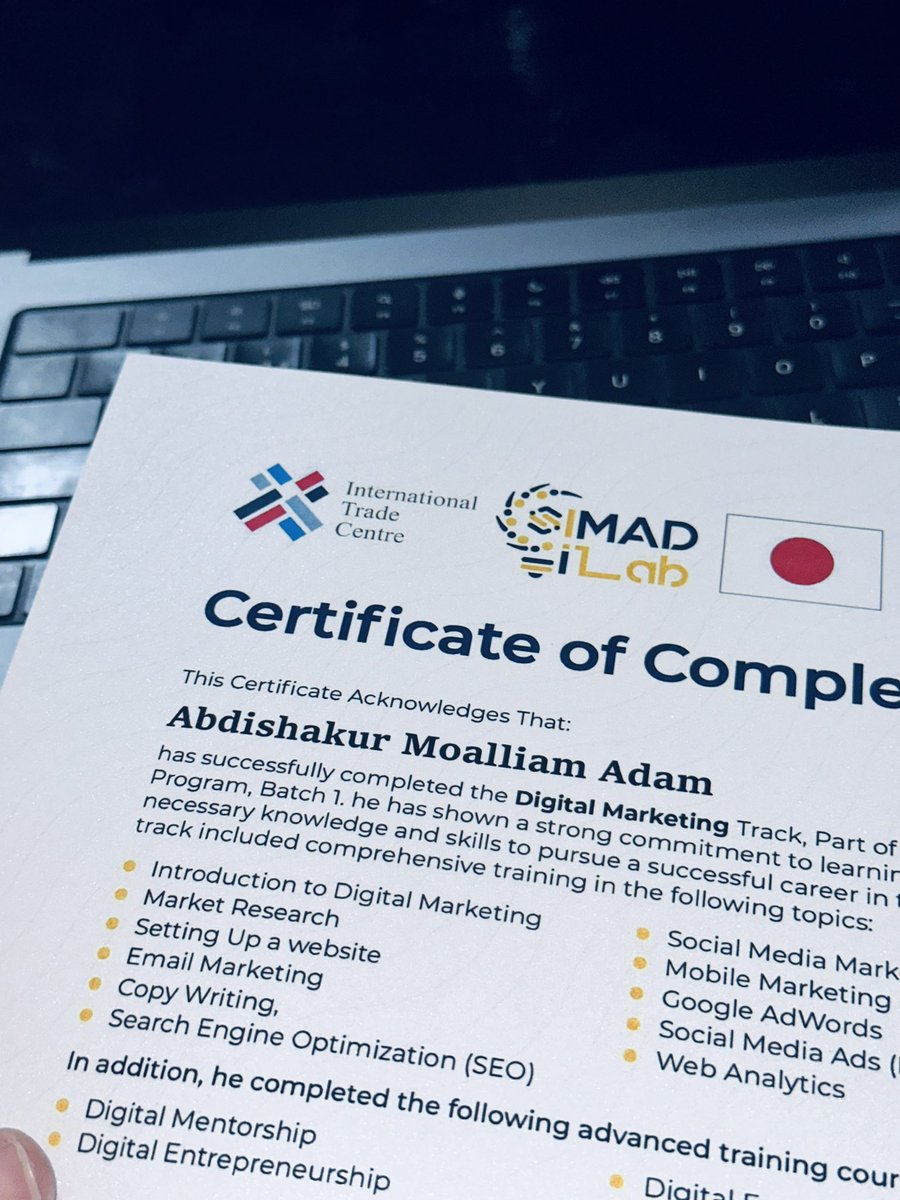 Unlocked new digital doors and landed my dream job - all thanks to <a href="/SIMADiLab/">SIMAD iLab</a>, <a href="/ITCnews/">International Trade Centre (ITC)</a>, and the Government of Japan!

Digital Skills for Jobs transformed my career, from #DigitalMarketing to #Freelancing. Now at <a href="/Hormuud/">Hormuud Telecom</a>, making an impact! 🚀💼

Grateful for this journey!