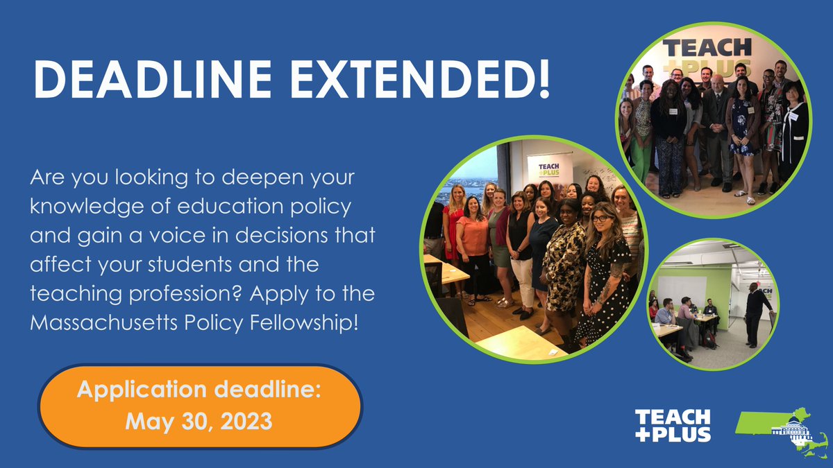 The application deadline for the Massachusetts Policy Fellowship has been extended to May 30! MA teachers with an interest in education policy and advocacy work are encouraged to apply. No policy experience required. Visit out website to learn more: teachplus.org/regional_progr…