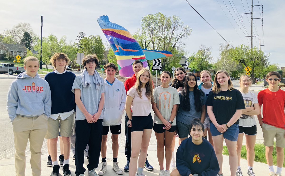 JudgePride's tweet photo. Coach Smith's lifetime activities class walks to 9th &amp; 9th and poses by our famous neighbor, The Whale. The students are  studying walkable communities and health. 
#judgepride https://t.co/m0UG0EhyjQ