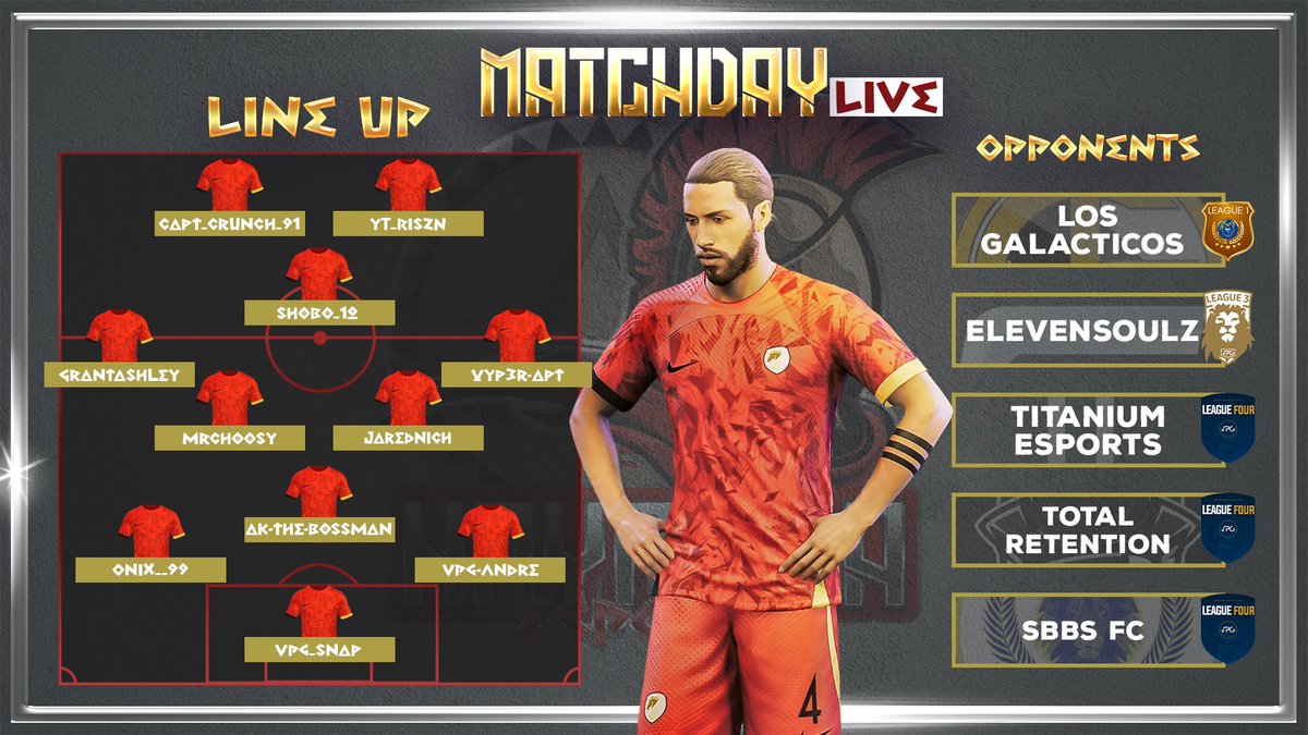 ⚽️ Our lineup for tonight’s games. Going to be a hard game, but we will give all we have got.

⏰ Kick-Off: 7:40PM, 8PM, 8:45PM, 9:15PM &amp; 9:30PM.

🎨 Graphic: <a href="/PhantomDesign21/">Phantom Designs</a>