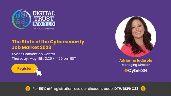DeidreDiamond's tweet photo. Hi friends,

Adrianna Iadarola will be sharing her expertise on the state of the cybersecurity job market at the @ISACA Conference in Boston next week! Use our discount code DTWBSPKC23 to get 50% off registration: https://t.co/K7qAX3VFzs

#cybersecurity #ISACAConference https://t.co/r81csDjTAJ