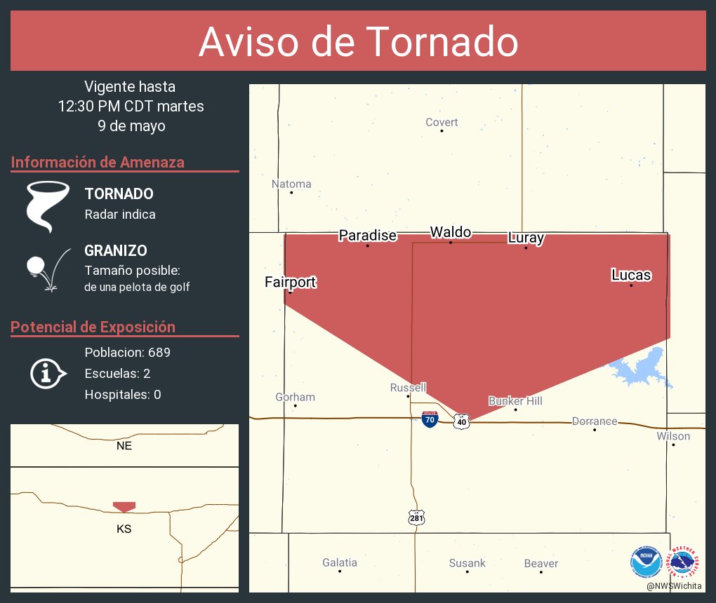NWS Wichita on Twitter "Aviso de Tornado incluye Lucas KS, Luray KS