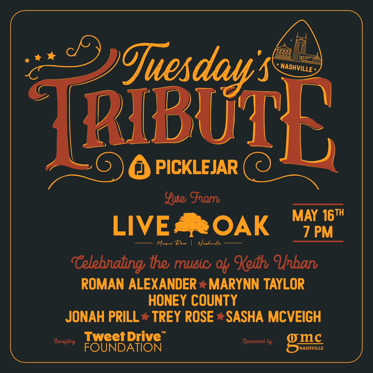 Next Tuesday, May 16th, head over to Live Oak at 7 pm CST to catch these incredible performers pay tribute to <a href="/KeithUrban/">Keith Urban</a>! We hope to see you there!

Find out more: picklejar.com/tuesdaystribut…
