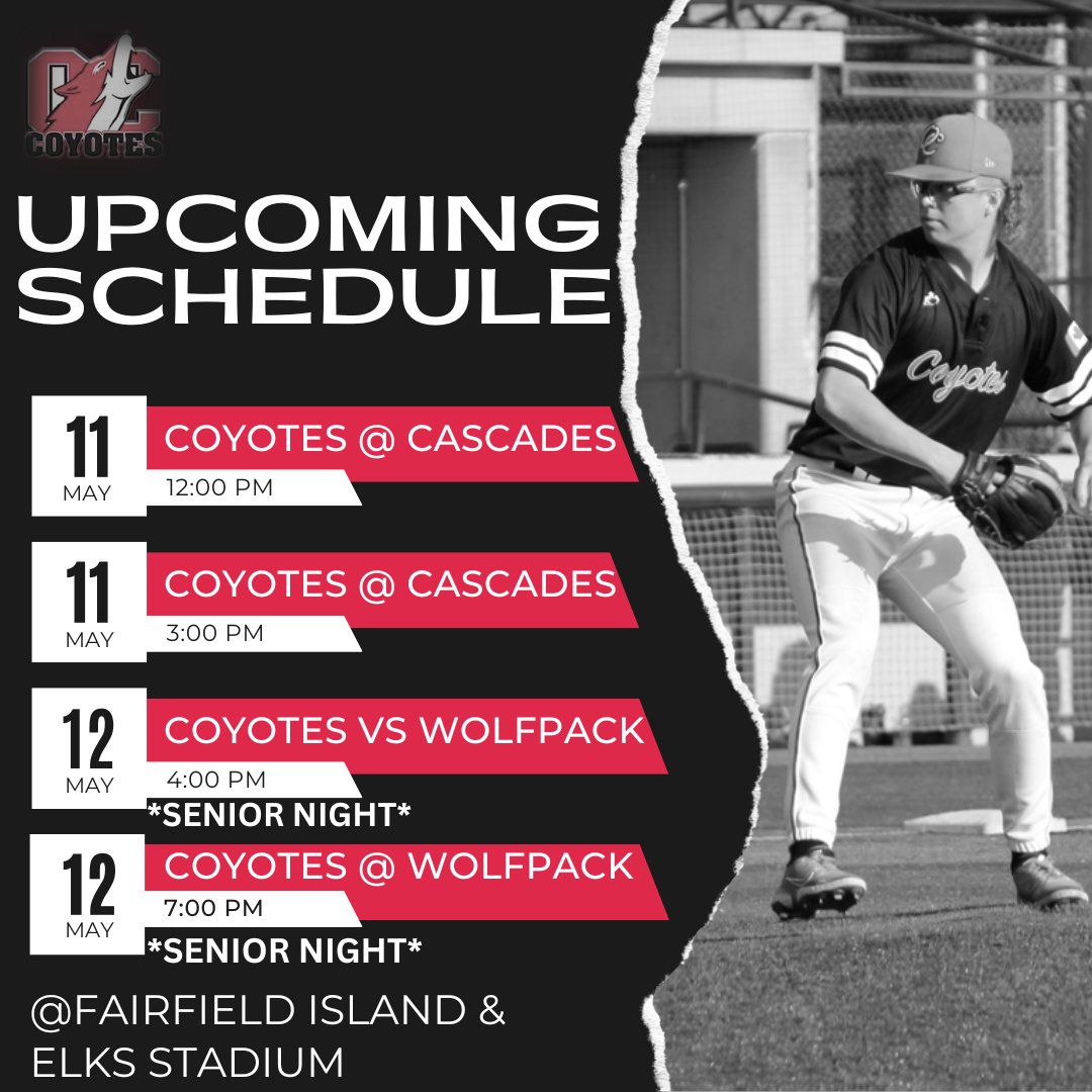 The Yotes (17-11) face off against @ufvbaseball (12-16) on Thur at UFV and return home Fri for the final home games vs @TRU_Baseball (13-13) on Fri.

1st place on the line!!

#canadasleague #ccbcofficial #ccbc #occoyotesbaseball #HeartheHowl #JointheHunt #defendthetitle🏆