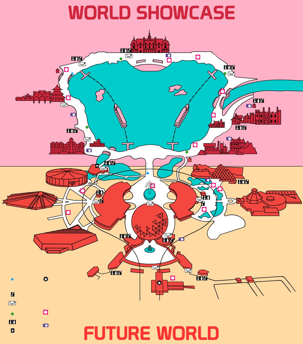Here's something I was working on a while ago, but haven't finished. My goal is eventually to have a map where I can add/remove pavilions in photoshop to show EPCOT/Epcot at different times (though, I'll have to try to create the newer pavilions in this old style)