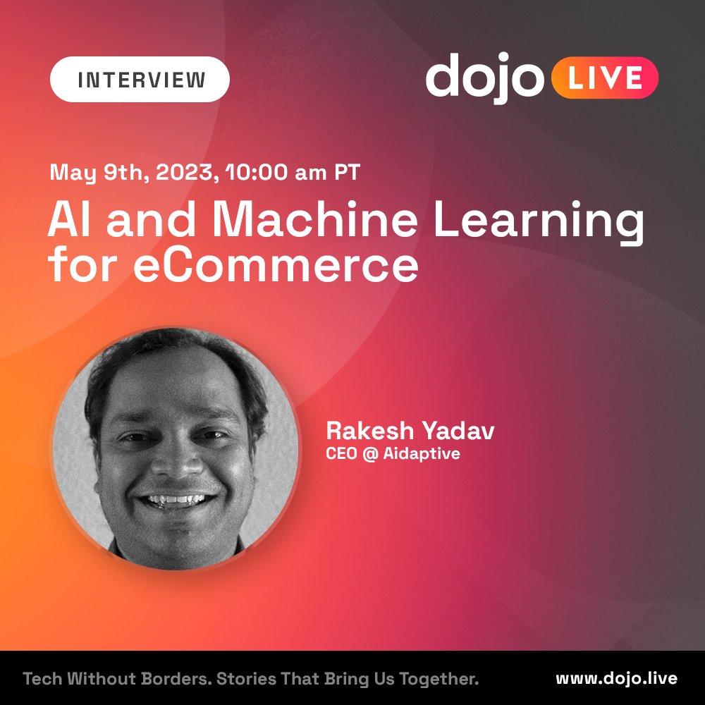 We are live! 🙌 

Join us right now as we talk with Rakesh Yadav, Founder and CEO of <a href="/aidaptive_/">Aidaptive</a>! 😎 

Watch the live and send your questions: buff.ly/3IiflYX 

#ecommerce #aiforbusiness #machinelearning #ecommercetech #technology #innovation #AI #ArtificialIntelligence