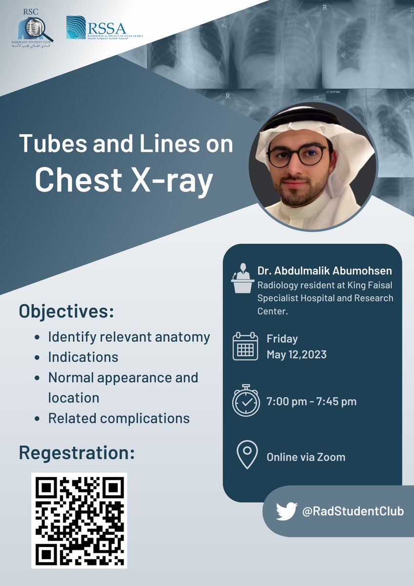 radiology_club_'s tweet photo. 📢We're excited to announce our first webinar of the mini lecture series with Dr. @mike_066 titled:
“Tubes and Lines on Chest X-ray"

🗓️ Friday, May 12 2023
🕓7:00pm-7:45pm
📍Online via zoom 

Don’t miss the opportunity to master radiology with us! https://t.co/bUdDTB6i4K