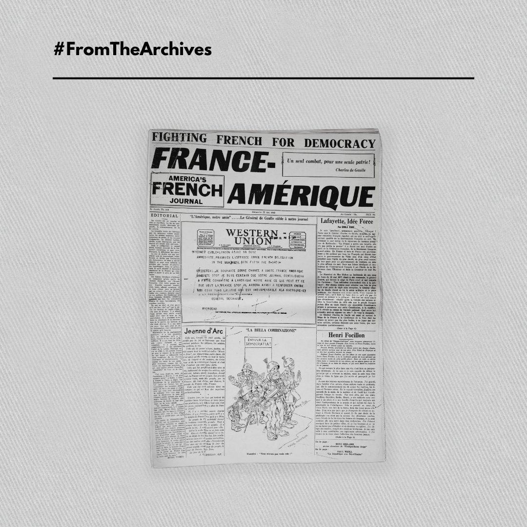 FranceAmerique's tweet photo. #FROMTHEARCHIVES To celebrate our 80th anniversary, we will share this month four great front pages from our storied past. Today, our very first issue, published on May 23, 1943.
#FranceAmerique80 🇫🇷🎂🇺🇸
➡️ Read more: https://t.co/9VJe9H94gd https://t.co/rAY2YPjYVF