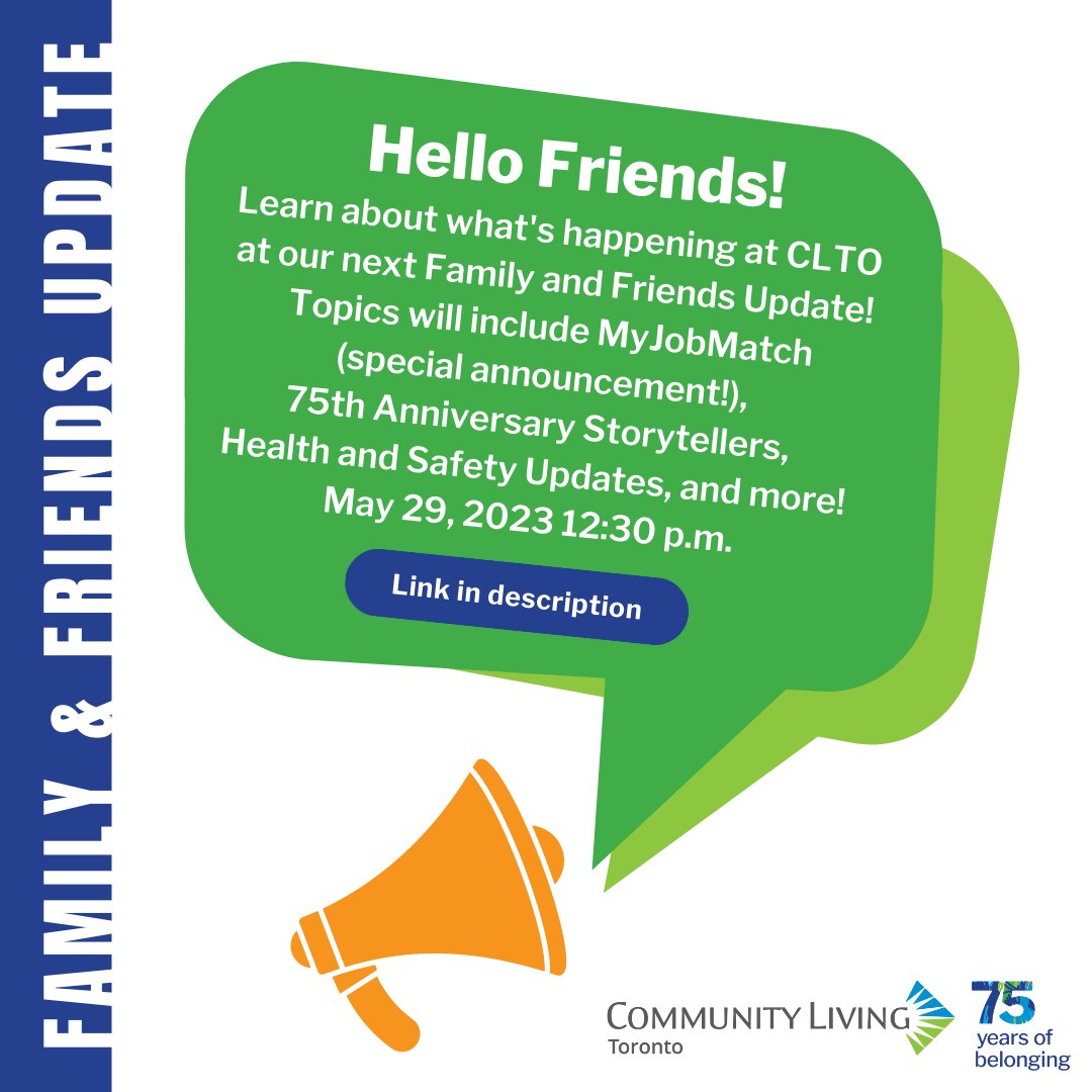CLToronto's tweet photo. Join us virtually at the Family &amp; Friends Update for live updates from the CLTO leadership team on MyJobMatch (special announcement!), changes to CLTO Health and Safety measures, and hear from one of our 75th Anniversary Storytellers, and much more! https://t.co/mqOw6ToILK https://t.co/78TRSSDJYw