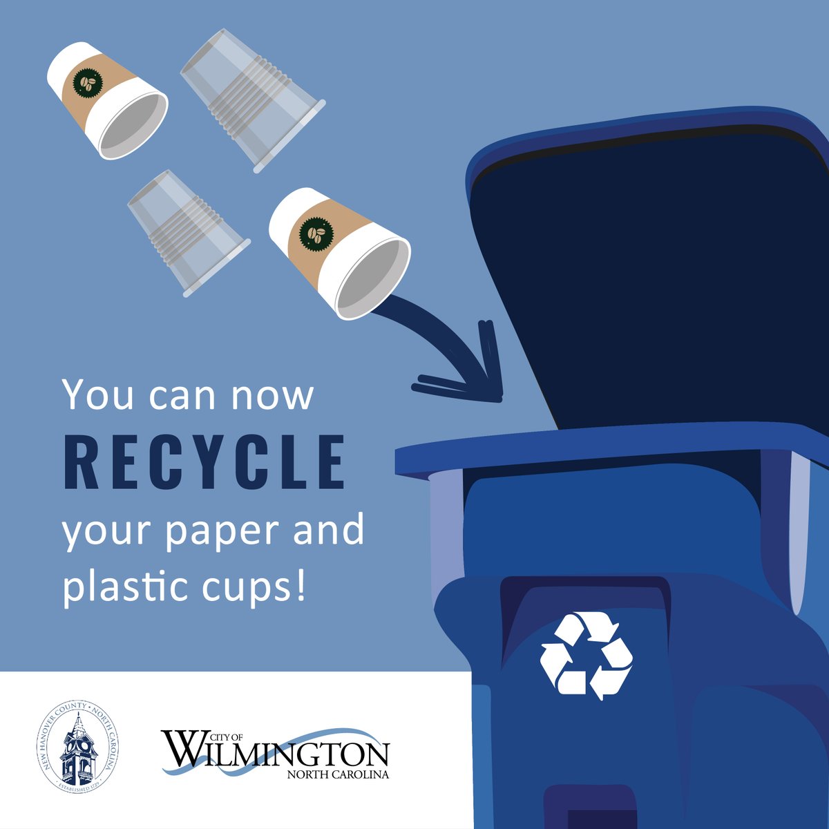 NewHanoverCo's tweet photo. Don’t trash your take-out. Recycle them so they can be converted into new products! And remember that #NHCgov and @CityofWilm now accept clean and empty paper cups in recycling carts and centers. See what other items are accepted and help #KeepNHCgreen: https://t.co/Vx2OxXMrQs https://t.co/lOwnurkYIF