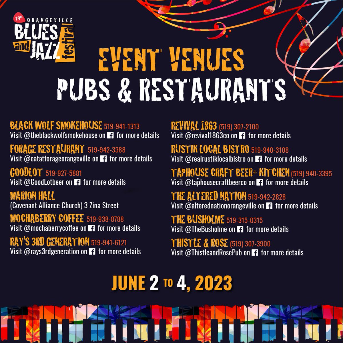 Throughout the entire weekend there will be live music featured in various clubs, restaurants and event venues around town as part of the Festival experience.

#Orangeville #OrangevilleBluesJazz #OBJF #Jazz #Blues #LiveEntertainment #LiveMusic