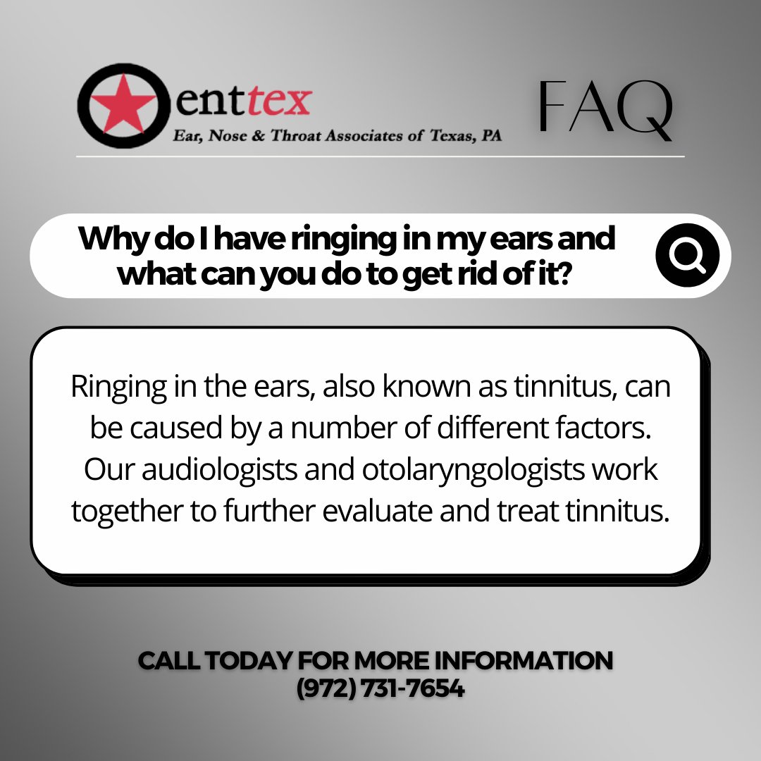 ENT_TEX's tweet photo. At ENT TEX, our expert team of audiologists and otolaryngologists can help identify the cause of your tinnitus and develop a personalized treatment plan to help you find relief. https://t.co/G6xq7xjUXO