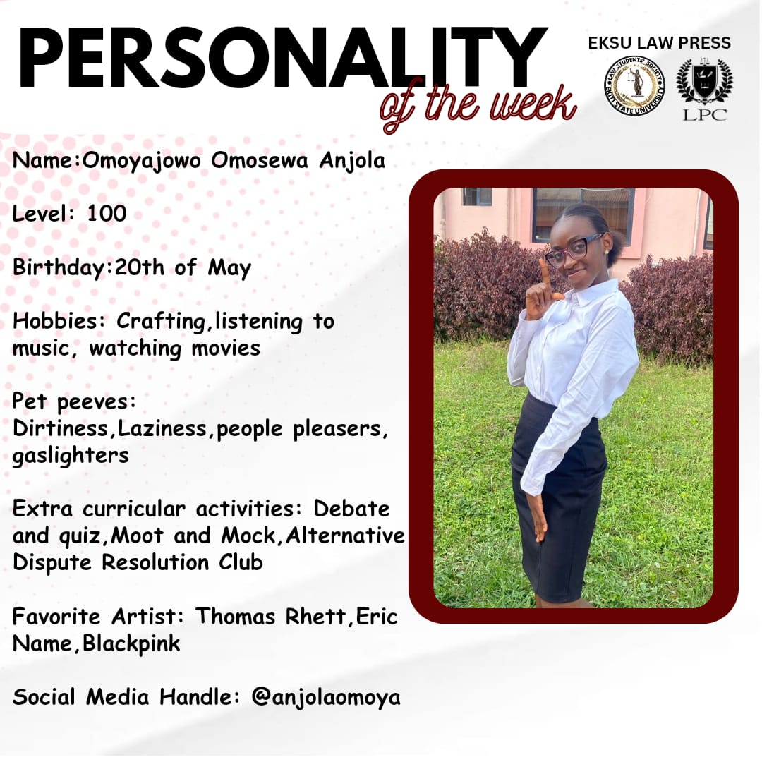 eksulawpress's tweet photo. EKITI STATE UNIVERSITY, FACULTY OF LAW.
ββββββββ
LAW STUDENTS' SOCIETY PRESS
π¨Meet the personality of the week.
OMOYAJOWO OMOSEWA ANJOLA
A law student with a sprinkle of Crafting
( Trust in her Beaded bags, jewelries, makeup and the likes to wow you)π―π€©π
#eksulaw https://t.co/RUzuHIYhuu