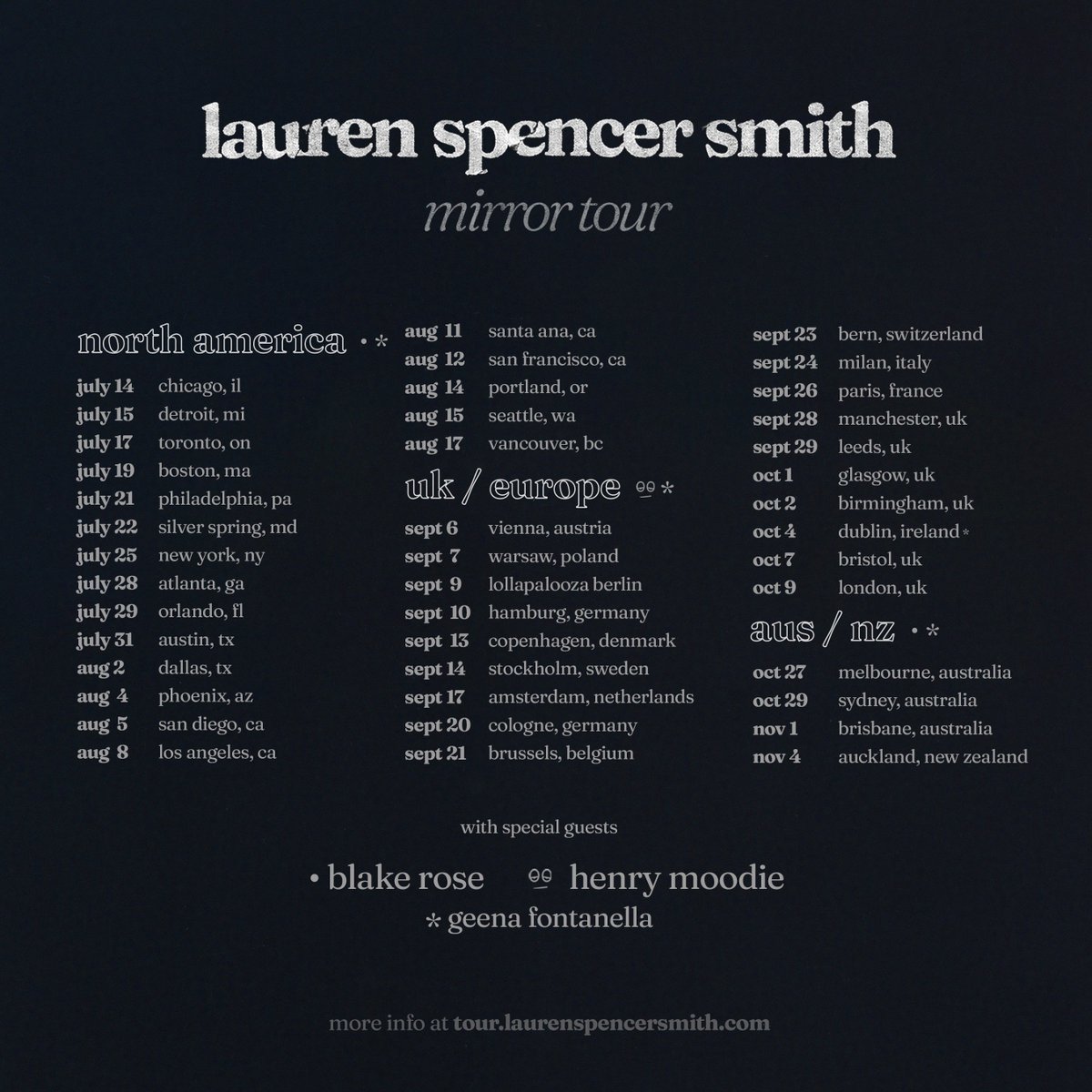 I'M SO EXCITED TO FINALLY ANNOUNCE THE MIRROR TOUR!!!!!! I can’t wait to be with you guys and scream this album together 😭❤️ Fan Presale &amp; TikTok Presale begin Monday, May 15th at 10am local &amp; tickets go on sale to the public Friday, May 19th at 10am local. Ticket &amp; VIP info at