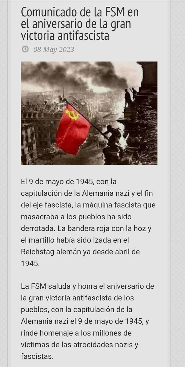 |FSM WFTU|

Comunicado de la FSM en el aniversario de la gran victoria antifascista

¡Viva el 9 de mayo de 1945, día de la victoria de los pueblos contra el nazismo y el fascismo!

wftucentral.org/comunicado-de-…