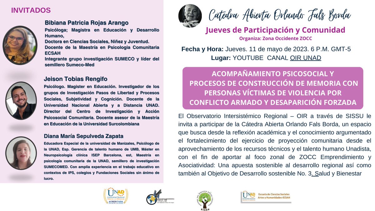 ElOIRdelaRegion's tweet photo. @ElOIRdelaRegion invita a #OIRCátedraOrlandoFals  #JuevesdeParticipaciónyComunidad
Acompañamiento psicosocial y procesos construcción memoria personas víctimas violencia conflicto armado y desaparición forzada
Jueves 11 Mayo 2023.  6 P.M. 
YouTube OIRUNAD https://t.co/FahkHQQQFW https://t.co/y9Q0McfRqt