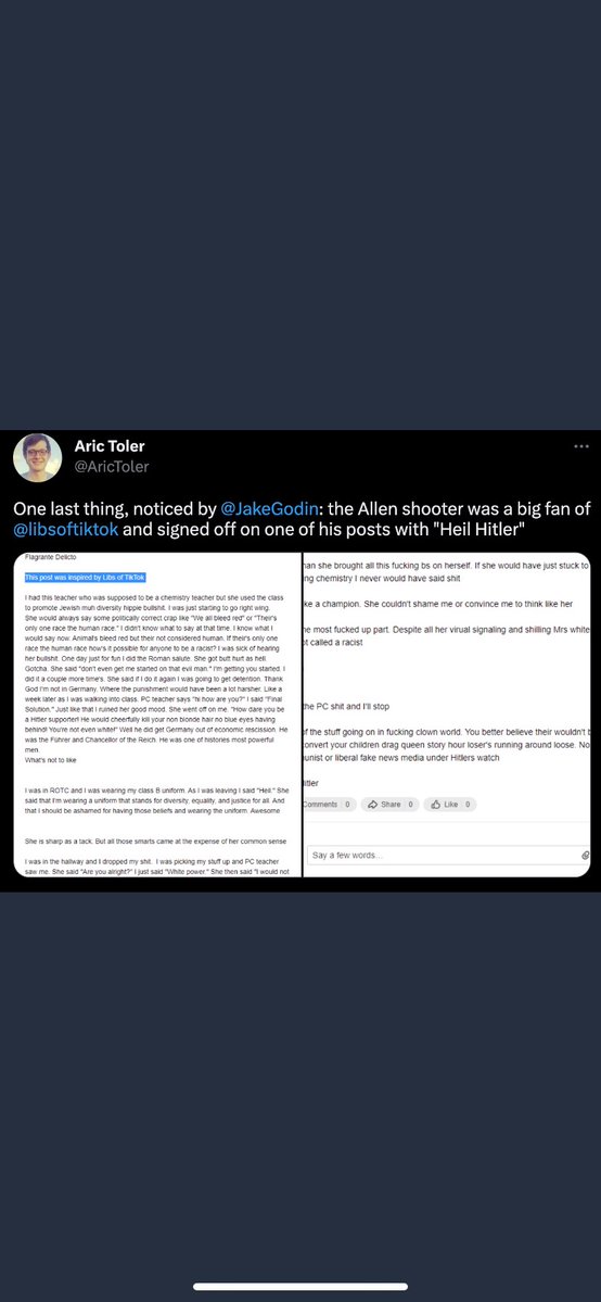 greg_price11's tweet photo. A guy who works for Bellingcat, literally works hand in glove with the CIA, wants us to believe that a Mexican guy who just committed a mass shooting posted on a Russian social media site nobody's ever heard of about being a Nazi and being inspired by @libsoftiktok and random @Timcast episodes and doesn't even know if it's actually him.

This is the biggest Deep State psyop I have ever seen in my life.