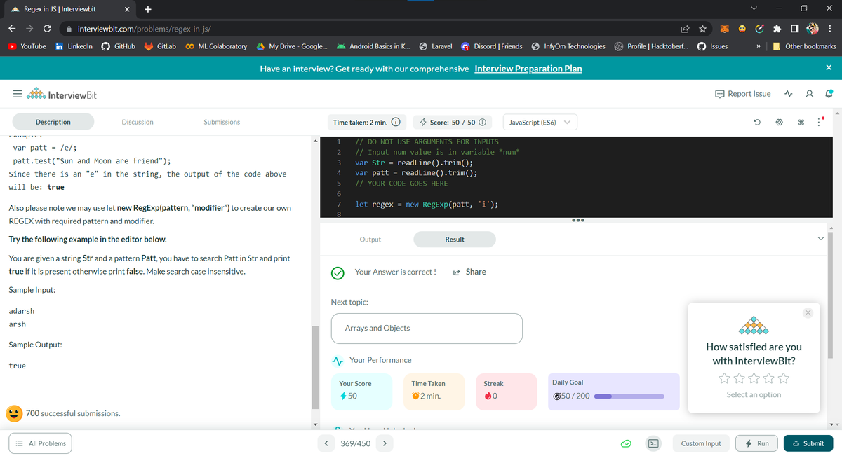 DebamritaP's tweet photo. Hello All, 
I have completed #Day009 of #365DaysofCode Challenge with @scaler_official
Today I solved the question-  Regex in JS
Scaler discord community link : https://t.co/sUzvB4HScs #scalerdiscord #codewithscaler https://t.co/27RONIYnEd