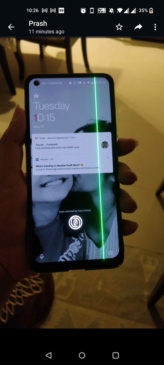 devahuti's tweet photo. @OnePlus_IN My One9R , 1.5yr old has suddenly developed a green line . please help! https://t.co/NmTBXfw30m