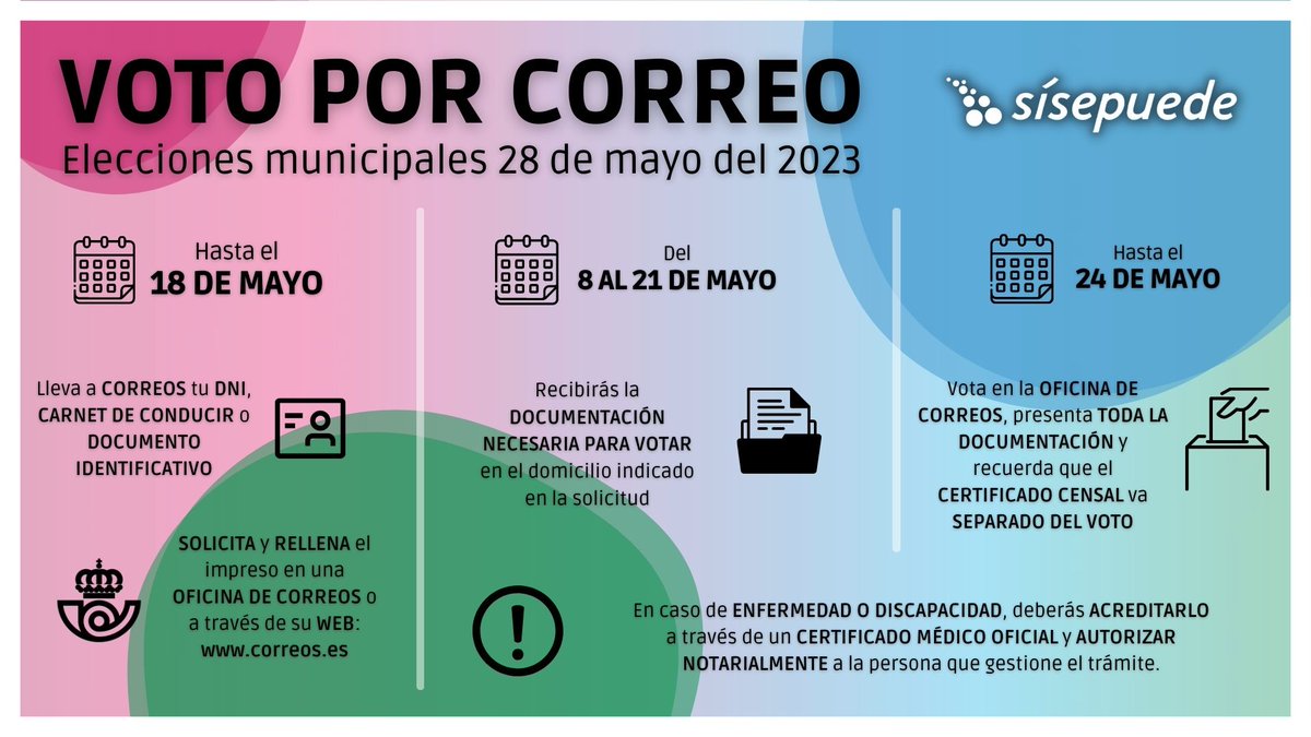 SSP_Canarias's tweet photo. 📩Recuerda que todavía tienes tiempo para solicitar el voto por correo si prevés que no podrás asistir a las urnas el próximo 28M.

👇🏽En esta infografía encontrarás las fechas y los procedimientos clave para poder ejercer tu derecho a votar.

#Sísepuede https://t.co/nH6MWDh5px