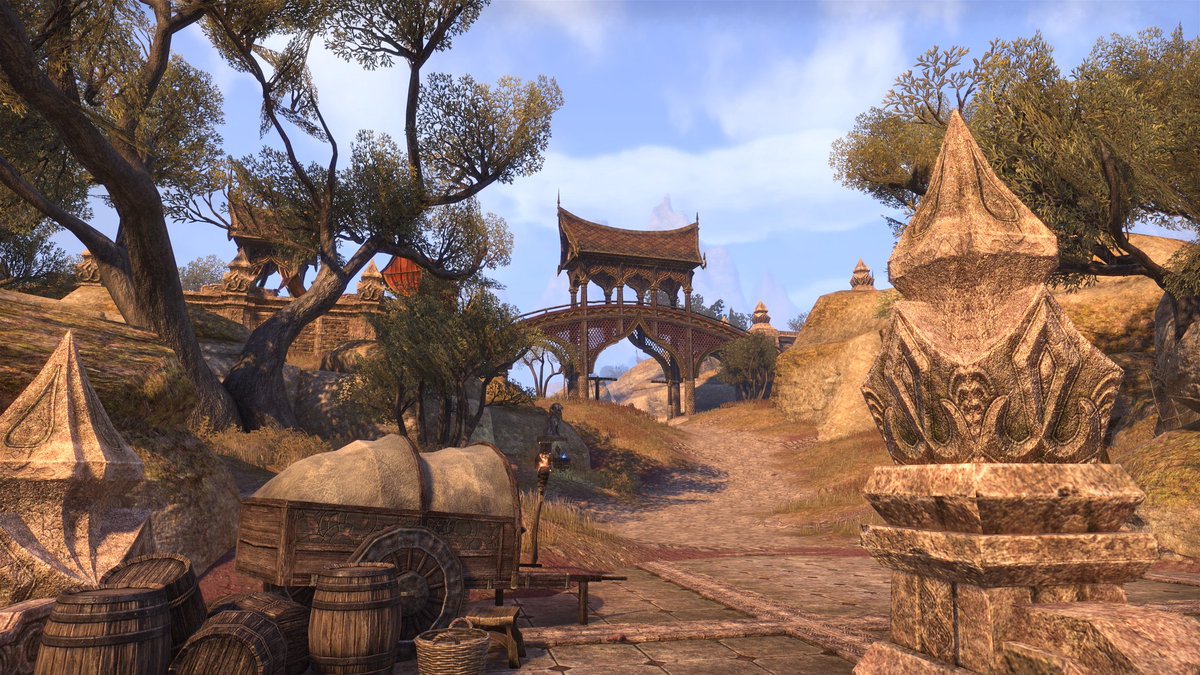 tamrielscapes's tweet photo. Even on the outskirts of Dune, carts and barrels fill the streets. Like any city in Elsweyr, a trade hub is central to Khajiiti culture in the surrounding lands, especially in the ambiguous border region known as Reaper's March.
#ESO #ReapersMarch #Tamriel #Landscape https://t.co/T0bcrixOMM