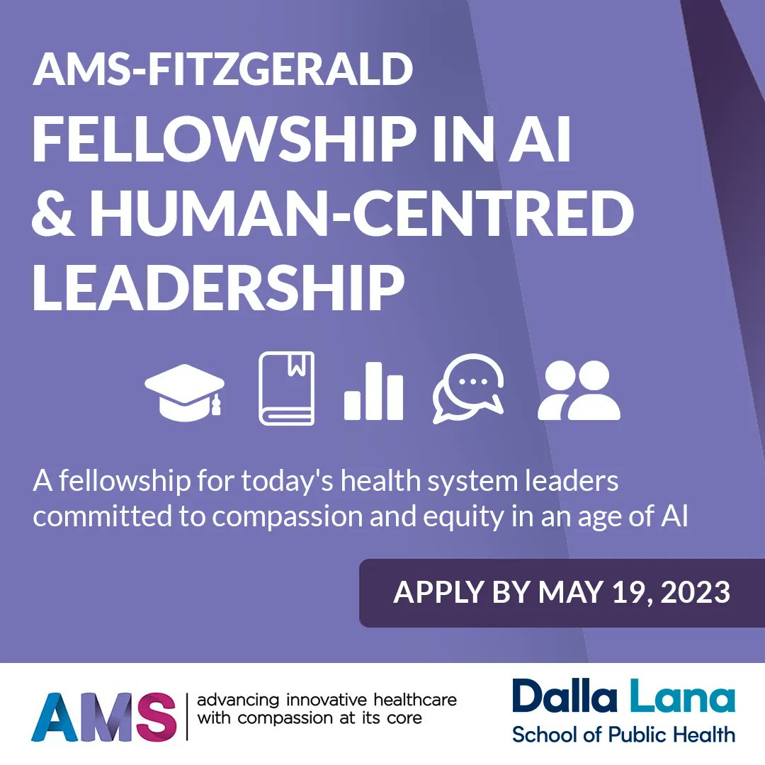 #AI has the power to transform #healthcare, but success will rely on reflective leadership. The AMS-Fitzgerald Fellowship provides knowledge and support for leaders on implementing AI for compassionate, equitable healthcare. <a href="/UofT_dlsph/">U of T Public Health</a>

Apply here: buff.ly/3AUvWxF